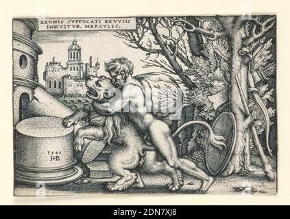 Hercules and the Nemean Lion, Hans Sebald Beham, deutsch, 1500–1550, Gravieren auf cremefarbenen Papierlapporten, 1542–48, Figuren, Print Stockfoto