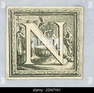 Figuralbrief, Hauptstadt N, Juan Dolívar, Spanisch, aktiv in Frankreich, 1641 - 1701, Pierre Paul Sevin, Französisch, 1650 - 1710, Radierung und Gravur auf Papier, vor einem Papst stehend, der einen bärtigen Mann taufte. Formrahmen., Europa, Frankreich, ca. 1700, Drucken Stockfoto