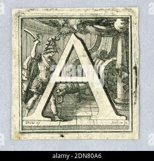 Figuraler Buchstabe, Kapital A, Juan Dolívar, spanisch, aktiv in Frankreich, 1641 - 1701, Pierre Paul Sevin, französisch, 1650 - 1710, Radierung und Gravur auf Papier, dargestellt stehend vor Alexander dem Großen beim Schneiden des gordischen Knotens. Zwei Rahmenlinien., Europa, Frankreich, 1685–1692, Print Stockfoto