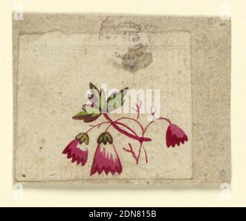 Holzschnitt Probedruck für bedrucktes Textil, Pinsel und Gouache auf Papier, rosa Blüten, ähnlich wie Fuchshandschuh, mit Blatt, Zweig auf drei Stielen., Frankreich, 1790–1800, Textildesigns, Zeichnung Stockfoto