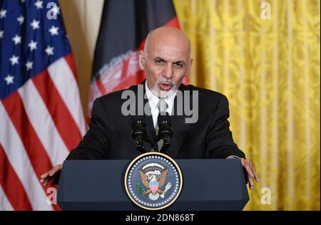 Der afghanische Präsident Ashraf Ghani spricht während einer gemeinsamen Pressekonferenz mit Präsident Barack Obama am Dienstag, dem 24. März 2015, im Ostsaal des Weißen Hauses in Washington, DC, USA. Foto von Olivier Douliery/ABACAPRESS.COM Stockfoto