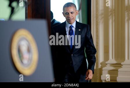 Präsident Barack Obama kommt am 23. März 2015 im Ostsaal des Weißen Hauses an, um auf der Wissenschaftsmesse 2015 in Washington, DC, USA, zu sprechen. Foto von Olivier Douliery/ABACAPRESS.COM Stockfoto