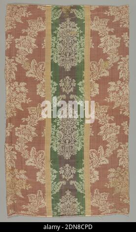 Textil, Medium: Seide, Leinen Technik: 5-Harness Satin Damast, Damast mit einem vertikal symmetrischen Muster aus zwei versetzten floralen Formen mit einem blühenden Ast umgeben bilden ein Raster. Cremefarbenes Muster auf satingestreiftem Hintergrund aus rosa, rosa, grün und violett., ca. 1750, gewebte Textilien, Textilien Stockfoto