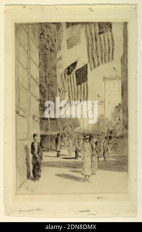 Avenue of the Allies, Childe Hassam, Amerikaner, 1859–1935, Radierung auf Wove-Papier, Fifth Avenue an der 59th Street in New York, Blick nach Norden. Die Gebäude haben Flaggen für die Waffenstillstandsparade., USA, 1918, Architektur, Print Stockfoto