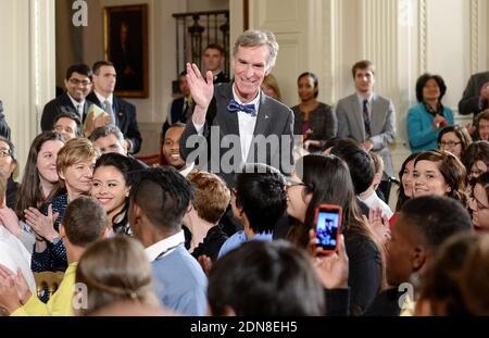 William Sanford 'Bill' Nye , popularly known as Bill Nye the Science Guy waves in the East Room of the White House during the 2015 White House Science Fair in Washington, DC, USA, on March 23, 2015. Photo by Olivier Douliery/ABACAPRESS.COM Stock Photo