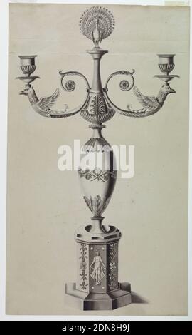 Design for a Candlestick, Joseph Anton Seethaler II, deutsch, 1799–1868, Stift und Tinte, Pinsel und Aquarell, Graphit auf Papier, achteckiger Sockel und Sockel mit einer Frau auf einer Kugel und verzierten Kerzenleuchtern. Die Form wird durch eine Vase gebildet, die eine andere stützt, die von einem Pfau gekrönt wird, und an dem zwei Zweige befestigt sind. Sie enden damit, dass die Vorderteile des Adlers eine Steckdose stützen. Links steht ein Schwan, der einen Sockel stützt., Deutschland, 1820-1835, Zeichnung Stockfoto