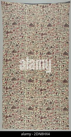 Textil, Medium: Baumwolle Technik: Mordant bemalt und gefärbt (Chintz); glasiert, Länge der Chintz mit kleinformatigen Design von Gebäuden flankiert von Wachen, Tempeln, Gruppen von Menschen, Tieren und blühenden Bäumen., Indien, 1847, bedruckte, gefärbte & bemalte Textilien, Textil Stockfoto