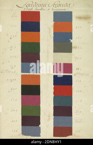 Musterblatt, Medium: Papier und Wolle Technik: Gefräste Leinwandbindung, Blatt Papier geklebt mit einer doppelten Reihe von 24 Proben von gefrästen Wolltuch in Grün, Blau, Violett, Braun, Weiß, Rosa und Orangen. Bestimmt für den Export in den östlichen Mittelmeerraum., Frankreich, 1750, gewebte Textilien, Musterblatt Stockfoto