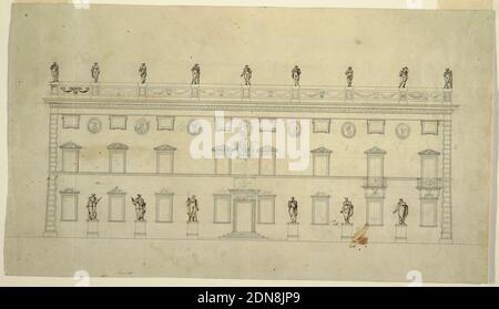 Dekoration der Fassade des Gebäudes der Musik gewidmet, Felice Giani, Italienisch, 1758–1823, Stift und Tinte über Spuren von Graphit auf Papier gelegt, Höhe des dreistöckigen Gebäudes, acht Fenster im Erdgeschoss und Obergeschoss, sechs Fenster und zwei Türen im zweiten Stock. Erdgeschoss: Sechs Statuen auf Sockeln zwischen Fenstern. Untere zwei Etagen: Dekorationen der Oberseiten der Fensterkästen. Zweiter Stock: Trophäe mit Leier, Geländer vor der Tür. Obergeschoß: Büsten in Nischen zwischen Fenstern des Obergeschosses., Italien, 1800–1825, Zeichnung Stockfoto