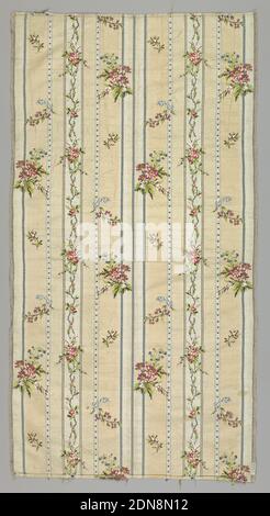 Textil, Medium: Seide Technik: Taft, kurze Panel von hellgelben Taft Brokat in einem bunten Muster von Streifen, rosa Reben, und kleine Blume Cluster., Frankreich, Ende des 18. Jahrhunderts, gewebte Textilien, Textil Stockfoto