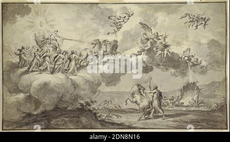 Tapisserie Design: Apollo in seinem Chariot unter der Leitung von Aurora, Fedele Fischetti, Italienisch, 1734 - 1789, Stift und Pinsel und schwarze Tinte, graue Wäsche auf weißem Büttenpapier, geriegelter Rand mit Stift und schwarzer Tinte, gefüttert, Design basiert auf Guido Renis 'Aurora', Palazzo Rospigliosi, Rom. Die Wolken steigen aus dem Meer und tragen Apollo auf seinem Wagen. Er wird von den Stunden begleitet; die Gruppe wird von Aurora und zwei Genii mit einem Glas und Blumen voraus. Unten rechts steht Neptun an Land; er hält die Herrschaft seines Pferdes und seines Dreizacks., Italien, 1760–89, Textildesigns, Zeichnung Stockfoto