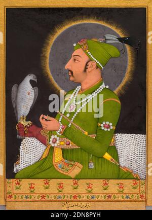 Posthume Porträt des Moghul-Kaiser Muhammad Shah (regierte 1719-1748) mit einem Falken von Muhammad Rizavi Hindi (Inder, aktiv Mitte 1700er), 1764, indische und südostasiatische Kunst Stockfoto