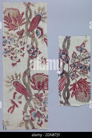 Textil, Medium: Baumwolle Technik: Beizmittel für 2 Rot, Lavendel und Schwarz mit Pinsel aufgetragen; Mader gefärbt; Blau über Resist aufgetragen; Chintz auf Leinwandbindung, geschwungene Stiel mit fantastischer Flora., Indien, ca. 1800, bedruckte, gefärbte & bemalte Textilien, Textil Stockfoto