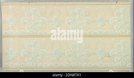 Frieze, F. E. James Co., New York, New York, Machine-printed paper, liquid mica, On light pink ground, in two registers, row of scroll motifs in light blue with white laurel-like plant forms., New York, New York, USA, 1905–1915, Wallcoverings, Frieze Stock Photo