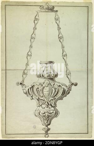 Projekt für eine Alter Lampe, Graphit, Stift und Tinte, Pinsel und Aquarell auf Papier, Entwurf für eine Lampe in Silber mit einem Relief von Johannes dem Täufer und einer Statuette os St. Marguerite ausgeführt werden., Italien und Deutschland, Mitte 18. Jahrhundert, Metallarbeiten, Zeichnung Stockfoto