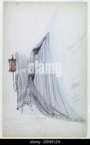 Kostümdesign: Night Light, für Ziegfeld Follies von 1920, Charles Lemaire, Amerikaner, 1897–1985, Pinsel und Aquarell, Graphit auf schwerem Papier, Vertikales Format. Figur einer Frau, die im linken Profil steht und einen hohen, kegelförmigen schwarzen Hut trägt, der mit einem Schleier bedeckt ist, der sie vollständig bedeckt und einen Zug bildet. Sie hält eine Laterne mit einer langen Kette. Weitere Kopfstückdetails in Bleistift rechts., USA, 1920, Theater, Zeichnung Stockfoto