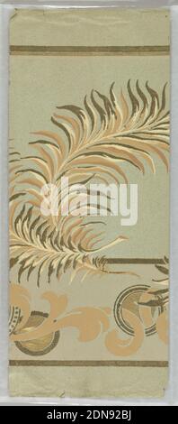 Frieze, Robert S. Hobbs & Co., Brooklyn, New York, Machine-printed ingrain paper, applied mica flakes, Flitter frieze, with wide central band of large-scale scrolling feathers or ferns, with scrolling acanthus and circles below. Printed in tan, brown, metallic gold and mica flakes on blue-gray background., Brooklyn, New York, USA, 1905–1915, Wallcoverings, Frieze Stock Photo