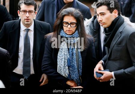 Francoise Bettencourt-Meyers, die Tochter von Liliane Bettencourt, und ihre Söhne Nicolas Meyers (mit Brille) und Jean-Victor Meyers sprechen am 5. Tag des sogenannten Bettencourt-Prozesses vor Gericht und beschuldigen 10 Menschen in der Nähe von Loreal Erbin Liliane Bettencourt, ihre Demenz ausgenutzt zu haben, am 30. Januar 2015 in Bordeaux, Südwestfrankreich. Foto von Patrick Bernard /ABACAPRESS.COM Stockfoto
