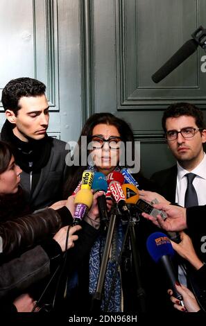 Francoise Bettencourt-Meyers, die Tochter von Liliane Bettencourt und ihren Söhnen Nicolas Meyers (mit Brille) und Jean-Victor Meyers sprechen am 5. Tag des sogenannten Bettencourt-Prozesses vor Gericht und beschuldigen 10 Menschen in der Nähe von Loreal Erbin Liliane Bettencourt, ihre Demenz ausgenutzt zu haben, am 30. Januar 2015 in Bordeaux, Südwestfrankreich. Foto von Patrick Bernard /ABACAPRESS.COM Stockfoto