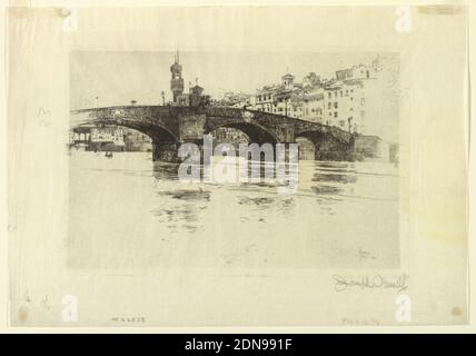 Ponte San Trinita, Florenz, Joseph Pennell, Amerikaner, aktives England, 1857–1926, Radierung in schwarzer Tinte auf Papier, Blick vom Südufer, zeigt die Brücke, angrenzende Häuser und den Turm des Palazzo Vecchio in der Ferne., USA, 1883, Architektur, Druck Stockfoto