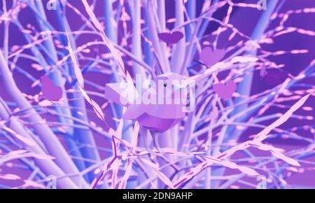 Ein niedriger poly rosa schöner Vogel sitzt auf einem Zweig rosa Baum im Märchenwald, 3d-Rendering Stockfoto