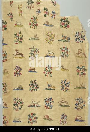 Fragment, Medium: Wollstickerei auf Baumwollfundament Technik: Gestickt in Luftmasche (Nadelsticharbeit), Knoten und Satinstich auf einem 2/2 Twill-Fundament, Stück Crewel-Stickerei farbige Garne mit verstreuten Motiven in Rasteranordnung. Die Motive wiederholen sich nicht regelmäßig, sondern wechseln ein Blumenmotiv [8 verschiedene, manchmal in verschiedene Richtungen zugewandte] mit einem Tier- oder Vogelmotiv [8 verschiedene] ab. Bei der Wiederholung eines Motivs werden verschiedene Farben verwendet., Frankreich, 18. Jahrhundert, Stickereien & Nähte, Fragment Stockfoto