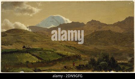 Mount Chimborazo, Ecuador, Frederic Edwin Church, Amerikaner, 1826–1900, Pinsel und Ölfarbe, Spuren von Graphit auf dünnem Karton, schneebedeckter Gipfel steigt im Hintergrund hinter einem Bereich. Kultiviertes Bergland im Vordergrund, eine Hacienda unten rechts, ein Mann mit rotem Serape unten in der Mitte., Juni oder Juli 1857, Landschaften, Zeichnung Stockfoto