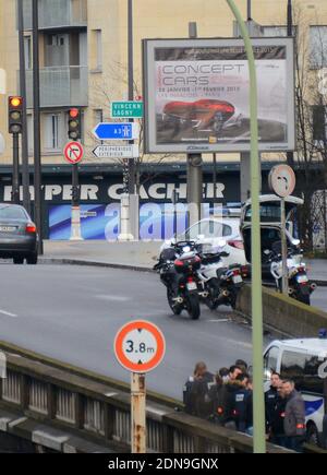 Police forces gather nearby Porte de Vincennes, east of Paris, after at least one person was injured when a gunman opened fire at a kosher grocery store on January 9, 2015 and took at least five people hostage. The attacker was suspected of being the same gunman who killed a policewoman in a shooting in Montrouge in southern Paris, France on January 8. Photo by Nicolas Briquet/ABACAPRESS.COM Stock Photo