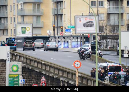 Police forces gather nearby Porte de Vincennes, east of Paris, after at least one person was injured when a gunman opened fire at a kosher grocery store on January 9, 2015 and took at least five people hostage. The attacker was suspected of being the same gunman who killed a policewoman in a shooting in Montrouge in southern Paris, France on January 8. Photo by Nicolas Briquet/ABACAPRESS.COM Stock Photo