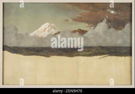 Mount Chimborazo Through Rising Mist and Clouds, Frederic Edwin Church, American, 1826–1900, Pinsel- und Ölfarbe, Graphit auf dünnem Karton, schneebedeckter Gipfel steigt links über den Bereich, umgeben von grauem Nebel. Der Mond erscheint rechts durch dunkle Wolken. Ockerfarbener Vordergrund enthält Ausläufer und schematische grafische Landschaftsnotationen., 1857, Landschaften, Zeichnung Stockfoto
