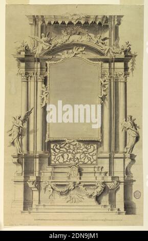Projekt für Alter, Graphit, Stift und Tinte, Pinsel und Aquarell auf Papier, lackiert, die mensa ist mit Festoons drapiert und wird von zwei fliegenden Engeln unterstützt. Vor dem Grab befinden sich drei Kugeln in strahlenstrahlender Pracht. Ein Cherub unten. Der Tabernakel hat zwei anbetende Engel auf seitlichen Voluten. Oben ein flacher Rahmen mit Lammrequinen., Italien, 1750–1775, Religion, Zeichnung Stockfoto