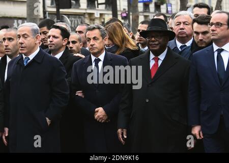 (L-R) der israelische Ministerpräsident Benjamin Netanjahu, der ehemalige französische Präsident Nicolas Sarkozy, seine Frau Carla Bruni-Sarkozy, der malische Präsident Ibrahim Boubacar Keita und der französische Präsident Francois Hollande während eines stillen marsches gegen den Terrorismus in Paris, Frankreich, am 11. Januar 2015. Mehrere europäische Staatsoberhäupter nahmen an der Kundgebung Teil, um ihre Solidarität nach den jüngsten Terroranschlägen in Frankreich zum Ausdruck zu bringen und um den Opfern des Angriffs auf die französische Satirewoche Charlie Hebdo und einen koscheren Supermarkt in Paris zu gedenken. Foto von Thierry Orban/ABACAPRESS.COM Stockfoto