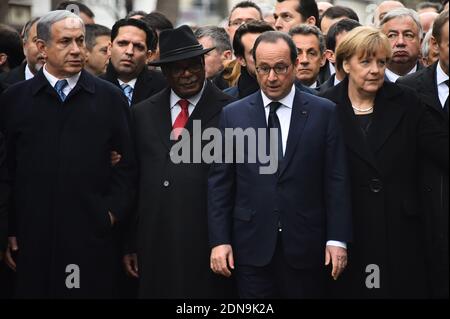 (L-R) Israeli PM Benjamin Netanyahu, Mali President Ibrahim Boubacar Keita, French President Francois Hollande, former French President Nicolas Sarkozy and German Chancellor Angela Merkel during a silent march against terrorism in Paris, France on January 11, 2015. Several European heads of state joined the manifestation to express their solidarity following the recent terrorist attacks in France and to commemorate the victims of the attack on French satirical weekly Charlie Hebdo and a kosher supermarket in Paris. Photo by Thierry Orban/ABACAPRESS.COM Stock Photo