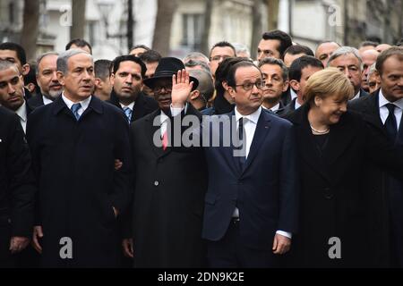 (L-R) der israelische Ministerpräsident Benjamin Netanjahu, der malische Präsident Ibrahim Bobacar Keita, der französische Präsident Francois Hollande, der ehemalige französische Präsident Nicolas Sarkozy und die deutsche Bundeskanzlerin Angela Merkel während eines stillen marsches gegen den Terrorismus in Paris, Frankreich, am 11. Januar 2015. Mehrere europäische Staatsoberhäupter nahmen an der Kundgebung Teil, um ihre Solidarität nach den jüngsten Terroranschlägen in Frankreich zum Ausdruck zu bringen und um den Opfern des Angriffs auf die französische Satirewoche Charlie Hebdo und einen koscheren Supermarkt in Paris zu gedenken. Foto von Thierry Orban/ABACAPRESS.COM Stockfoto