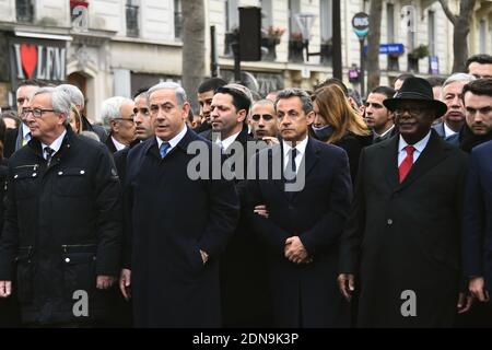 (L-R) der israelische Ministerpräsident Benjamin Netanjahu, der ehemalige französische Präsident Nicola Sarkozy, der malische Präsident Ibrahim Boubacar Keita, der französische Präsident Francois Hollande während eines stillen marsches gegen den Terrorismus in Paris, Frankreich, am 11. Januar 2015. Mehrere europäische Staatsoberhäupter nahmen an der Kundgebung Teil, um ihre Solidarität nach den jüngsten Terroranschlägen in Frankreich zum Ausdruck zu bringen und um den Opfern des Angriffs auf die französische Satirewoche Charlie Hebdo und einen koscheren Supermarkt in Paris zu gedenken. Foto von Thierry Orban/ABACAPRESS.COM Stockfoto