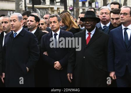 (L-R) der israelische Ministerpräsident Benjamin Netanjahu, der ehemalige französische Präsident Nicola Sarkozy, der malische Präsident Ibrahim Boubacar Keita, der französische Präsident Francois Hollande während eines stillen marsches gegen den Terrorismus in Paris, Frankreich, am 11. Januar 2015. Mehrere europäische Staatsoberhäupter nahmen an der Kundgebung Teil, um ihre Solidarität nach den jüngsten Terroranschlägen in Frankreich zum Ausdruck zu bringen und um den Opfern des Angriffs auf die französische Satirewoche Charlie Hebdo und einen koscheren Supermarkt in Paris zu gedenken. Foto von Thierry Orban/ABACAPRESS.COM Stockfoto