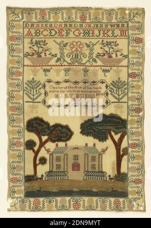 Sampler, Mary Muro, Medium: Seidenstick auf Wollstick Technik: Gezählte und ungezählte Stiche; Kreuz, Satin, Rücken, Stiel und Couching auf Leinwandstiften, geschwungener Blumenrand mit Buchstaben, Teile eines Alphabets, Blumenbänder, Paraphierte Kronen, Und ein Vers: "Gib ihr die Frucht ihrer Hände und laß ihr Werk sie loben in den Toren, Maria Muro 1826", mit einem großen Haus, das von Bäumen überschattet ist unten. Die Bäume und Gras wurden in Chenille Garnen gearbeitet., England oder Schottland, 1826, Stickereien & Nähte, Sampler Stockfoto