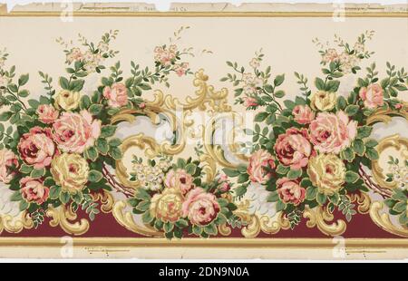 Frieze, Robert Graves Co., New York, New York, maschinenbedrucktes Papier, aufgetragene Glimmerflocken, Flitter-Fries mit Blumensträußen großer Rosen, rot und gelb, abwechselnd mit Akanthus-Rollen. Alle Motive sind in goldenen Glimmerflocken umrandet. Gedruckt auf gelbem Grund., New York, New York, USA, 1905–1915, Wallcoverings, Frieze Stockfoto