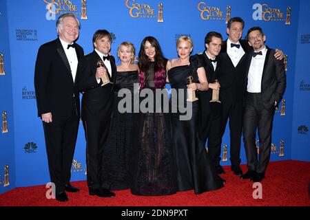 Patricia Arquette, Schauspielerin Lorelai Linklater, Regisseur Richard Linklater, Schauspieler Ellar Coltrane und Schauspieler Ethan Hawke posieren im Presseraum bei den 72. Jährlichen Golden Globe Awards, die am 11. Januar 2015 im Beverly Hilton in Beverly Hills, Los Angeles, CA, USA, stattfinden. Foto von Lionel Hahn/ABACAPRESS.COM Stockfoto