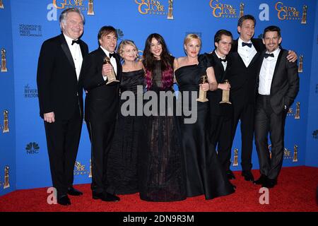 Patricia Arquette, Schauspielerin Lorelai Linklater, Regisseur Richard Linklater, Schauspieler Ellar Coltrane und Schauspieler Ethan Hawke posieren im Presseraum bei den 72. Jährlichen Golden Globe Awards, die am 11. Januar 2015 im Beverly Hilton in Beverly Hills, Los Angeles, CA, USA, stattfinden. Foto von Lionel Hahn/ABACAPRESS.COM Stockfoto