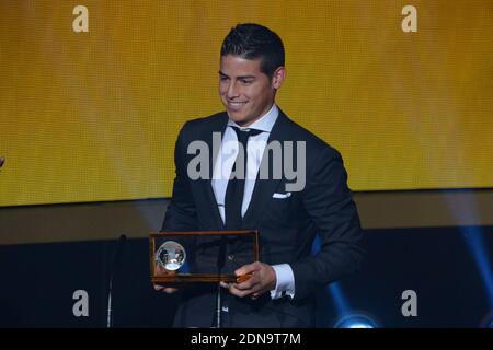 Colombia's James Rodriguez getting the best Goal Award during the Ballon D'Or 2014 Award Gala Ceremony in Zurich, Switzerland on January 12th, 2015. Photo by Henri Szwarc/ABACAPRESS.COM Stock Photo