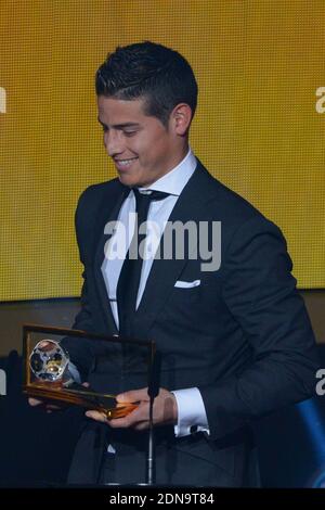 Colombia's James Rodriguez getting the best Goal Award during the Ballon D'Or 2014 Award Gala Ceremony in Zurich, Switzerland on January 12th, 2015. Photo by Henri Szwarc/ABACAPRESS.COM Stock Photo