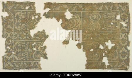 Fragment, Medium: silk Technique: 2/1 expanded twill with complementary wefts, Two fragments of a geometrical interpretation of a foliate pattern., 6th–9th century, woven textiles, Fragment Stock Photo