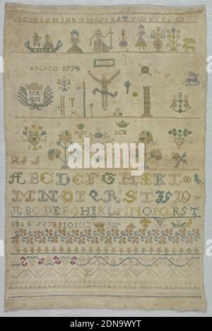 Sampler, Medium: Seidenstickerei auf Leinenfundament Technik: Gestickt, Alphabete, Ziffern, Blumen, Kreuzigungszeichen und Figuren, mit geometrischen Bordüren, in horizontalen Reihen angeordnet., Deutschland, 1774, Stickereien & Stitching, Sampler Stockfoto