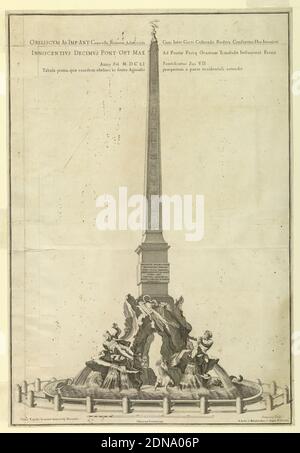 Berninis Brunnen der vier Flüsse, Francois de Poilly der Jüngere, Gravur auf Papier, der Brunnen der vier Flüsse auf der Piazza Navona, Rom, entworfen von Giovanni Lorezo Bernini (1598-1680), als Basis für den Obelisk entfernt von vor den Thermen von Caracalla., Italien, ca. 1707, Drucken Stockfoto