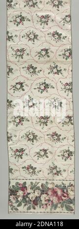 Border, Medium: Cotton Technik: Gedruckt auf Leinwandbindung, Allover-Design von floralen Sprays in rot, grün und rosa auf off-white Boden. Rand mit großen und kleinen Blüten in rot, grün und braun., England, Ende des 19. Jahrhunderts, bedruckte, gefärbte & bemalte Textilien, Rand Stockfoto