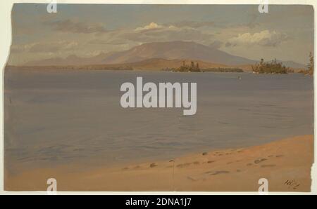 Mount Katahdin vom Lake Millinocket, Frederic Edwin Church, Amerikaner, 1826–1900, Pinsel und Öl auf Karton, Horizontales Bild eines Sandufers im Vordergrund. Im linken Hintergrund ist eine lange Bergkette zu sehen., Maine, USA, 1878, Landschaften, Zeichnung Stockfoto