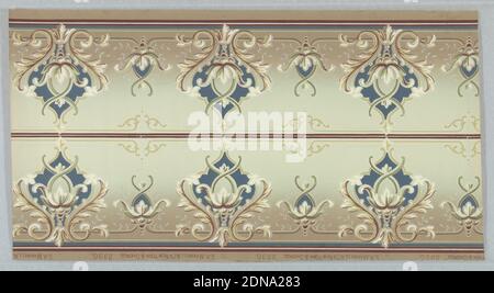 Frieze, Maxwell & Co., S.A., Chicago, Illinois, USA, maschinenbedrucktes Papier, auf gradientenrosa und hellgrauem Grund; vasenartige Scrollmotive in gelb und rosa mit tiefblau und weiß, abwechselnd mit kleinen Motiven in ähnlichem Stil., USA, 1905–1915, Wallcoverings, Frieze Stockfoto