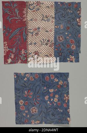 Chintz Fragmente, Medium: Baumwolle Technik: Beizmittel für Rot, Lila und Schwarz mit Stift oder Pinsel aufgetragen; Blau über Resist aufgetragen; auf blauem Hintergrund Chintz blau durch Eintauchen (Chintz) auf Leinwandbindung aufgetragen., Komponente A ist wie in französischer Flagge zusammengenäht; roter Hintergrund, weißer Hintergrund und blauer Hintergrund Chintz. Die Richtung des Musters ändert sich. Komponente B ist zwei Stücke von blauen Hintergrund Chintz zusammengenäht., Indien, 18. Jahrhundert, gedruckt, gefärbt & bemalt Textilien, Chintz Fragmente Stockfoto