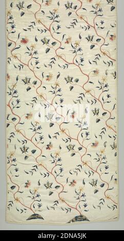 Textil, Medium: Crewwolle, Leinen, Baumwolle Technik: Stickereien auf Leinwandbindung, zarte, abgeschwächte rosa Stiele mit kleinen Rosenknospen, Gänseblümchen, Nelken, in Tan- und Pink-Tönen; verschiedene kleine Blätter in Blau; jeder Stiel steigt diagonal in durchgehenden, etwas unregelmäßigen Serpentinen aus kleinen Hügelchen in Tan und Blau. Zweieinhalb Hüften in diesem Stück. In Satin, Fischgrätmuster, ein kleiner Knotenstich. Leinenkernen; Baumwollwefe; außer zwei schweren Baumwollverkerungen, die in Intervallen eingesetzt werden., Europa, 18. Jahrhundert, Stickereien & Nähte, Textil Stockfoto